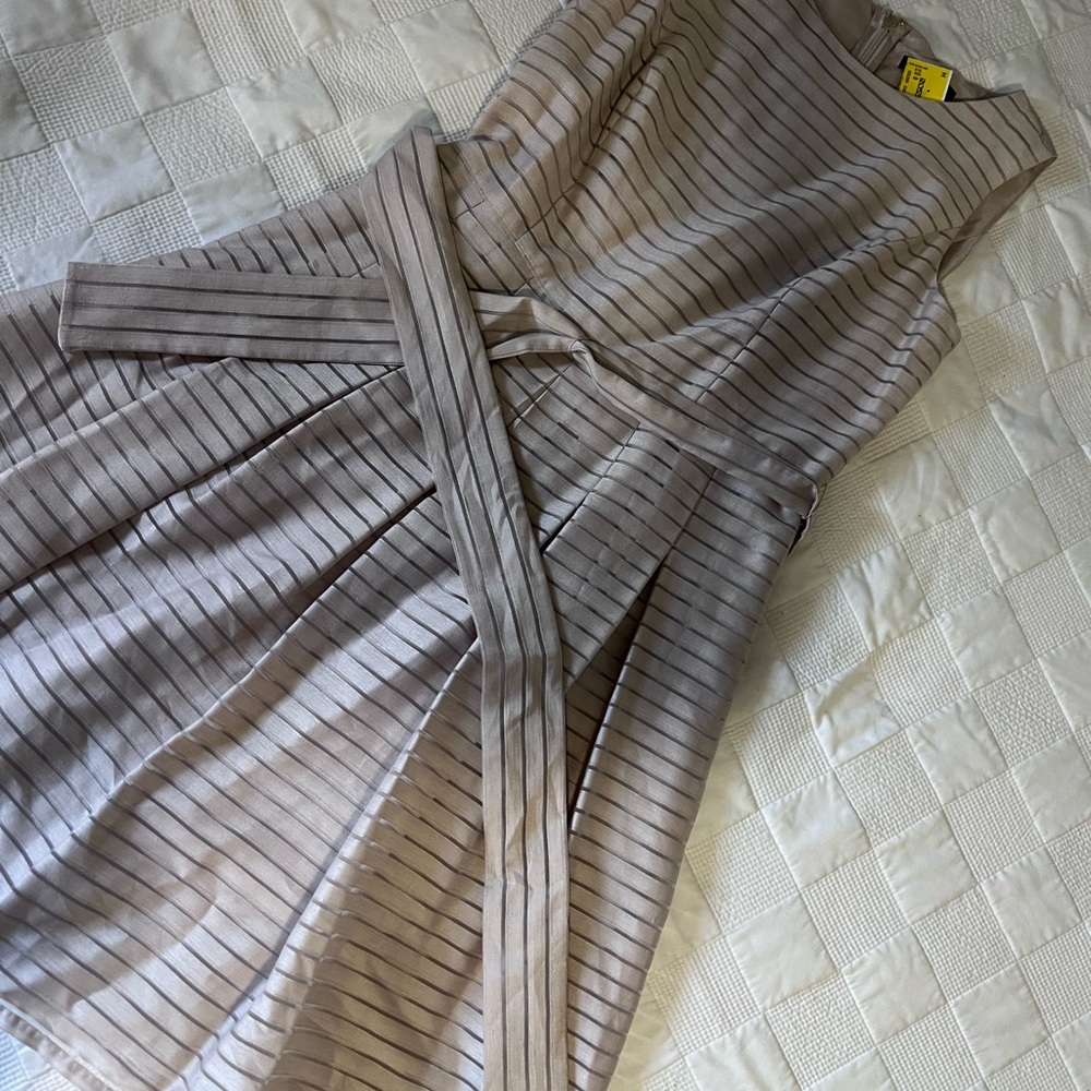 Tommy Hilfiger Tan and White Pleated Wrap Midi Dress